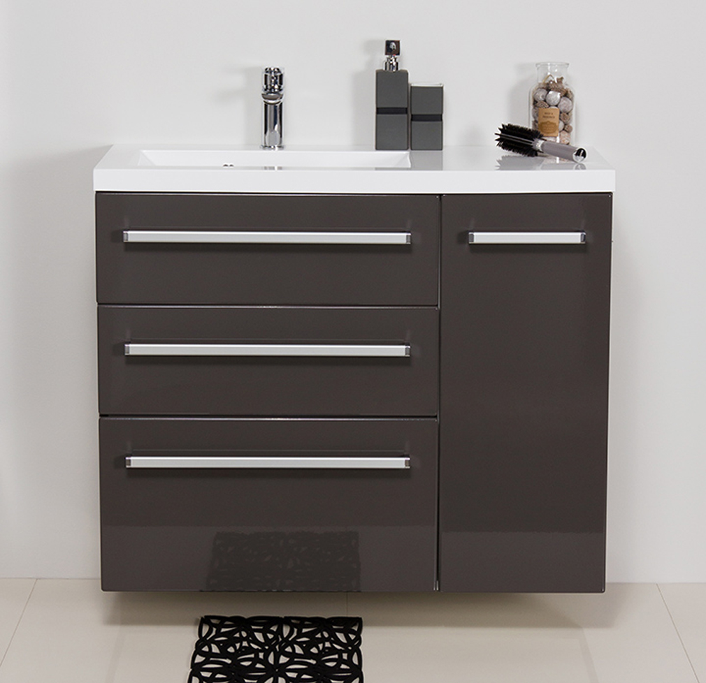 Badmöbel GENUA Breite 90 cm, grafitgrau, Waschtisch mit Unterschrank, 3 Schübe, montiert
