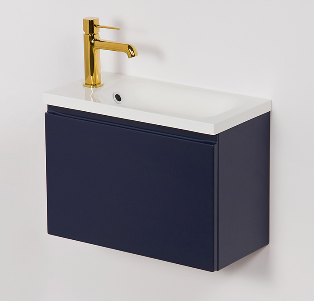 Badmöbel Gäste WC FAROS Breite 50 cm, Marineblau matt, Waschbeckenunterschrank montiert 