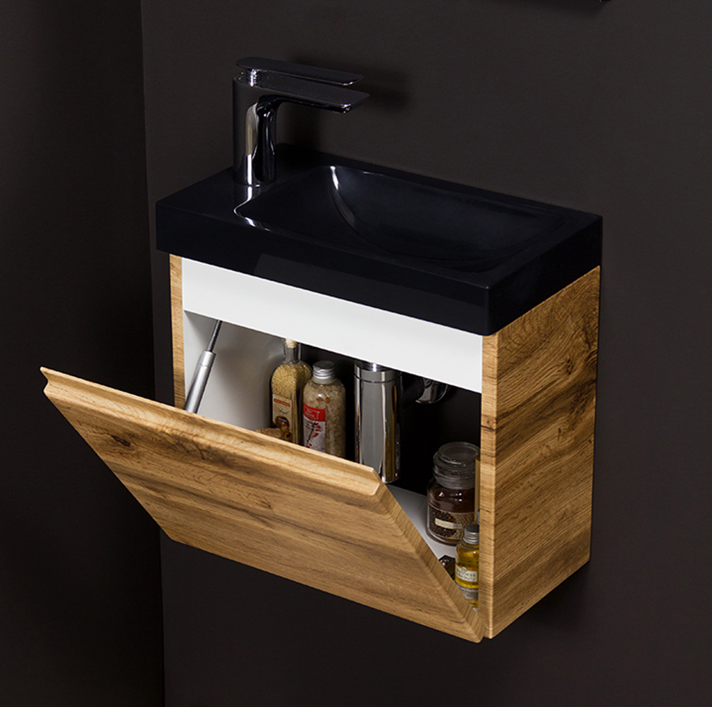 Badmöbel Gäste WC Faros Breite 40 cm, Eiche Natur, Waschbecken schwarz