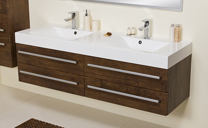 Badmöbel ZENO 160 cm, Holzdekor antik, Doppelwaschtisch mit Unterschrank (montiert)