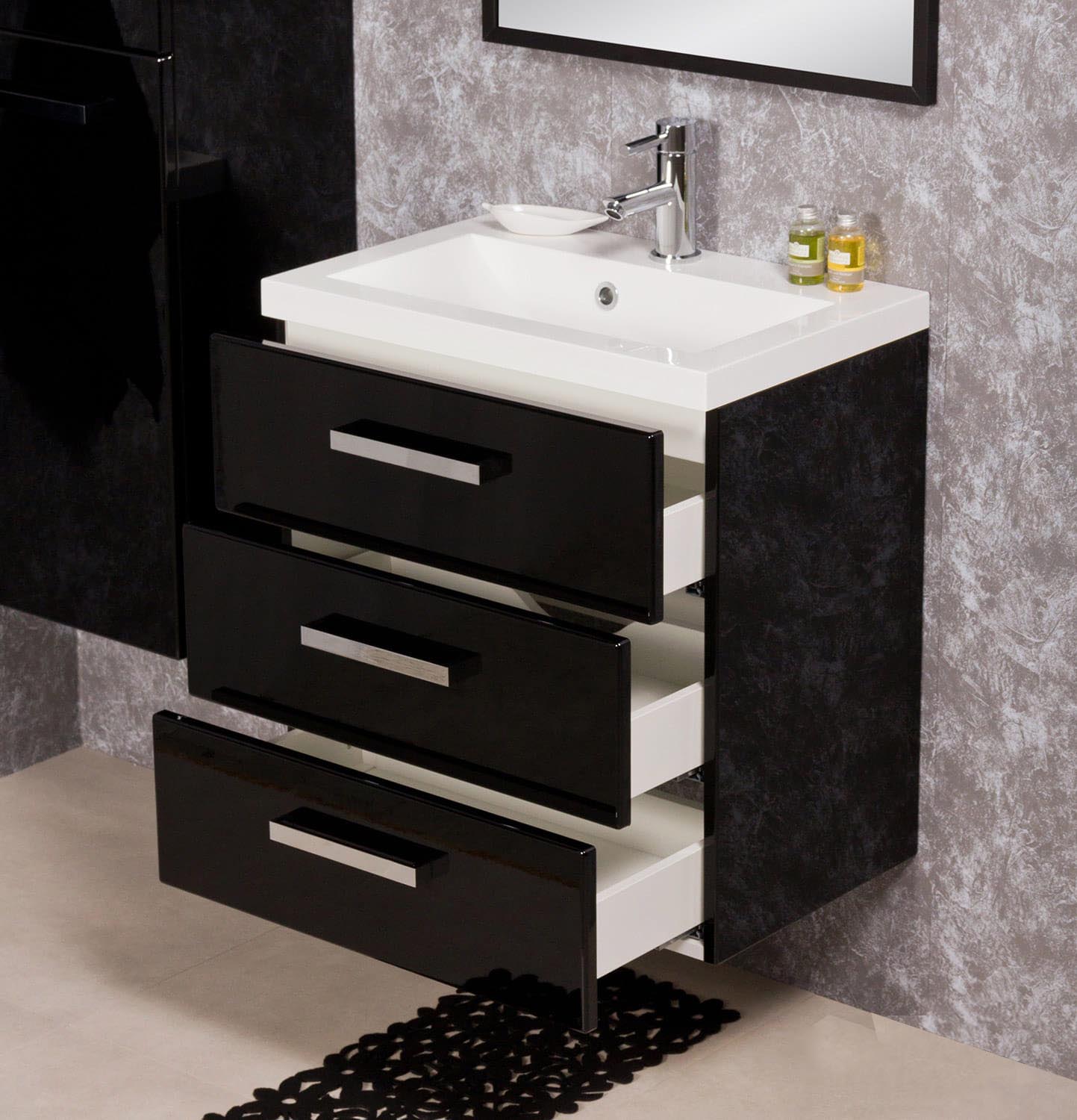 Badmöbel GENUA Breite 60 cm, schwarz glänzend, Waschtisch mit Unterschrank, montiert 