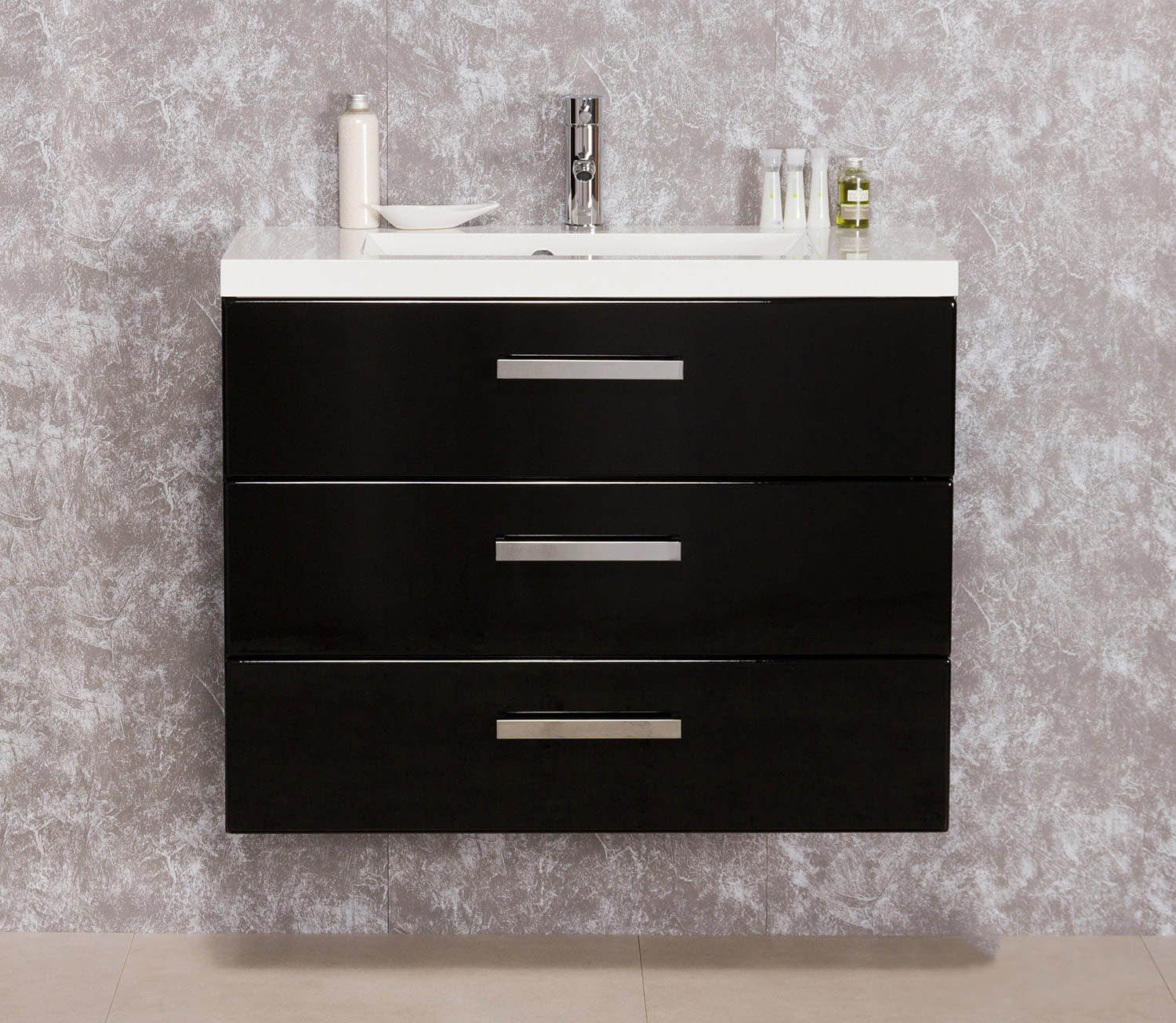 Badmöbel GENUA Breite 80 cm, schwarz glänzend, Waschtisch mit Unterschrank, 3 Schübe montiert