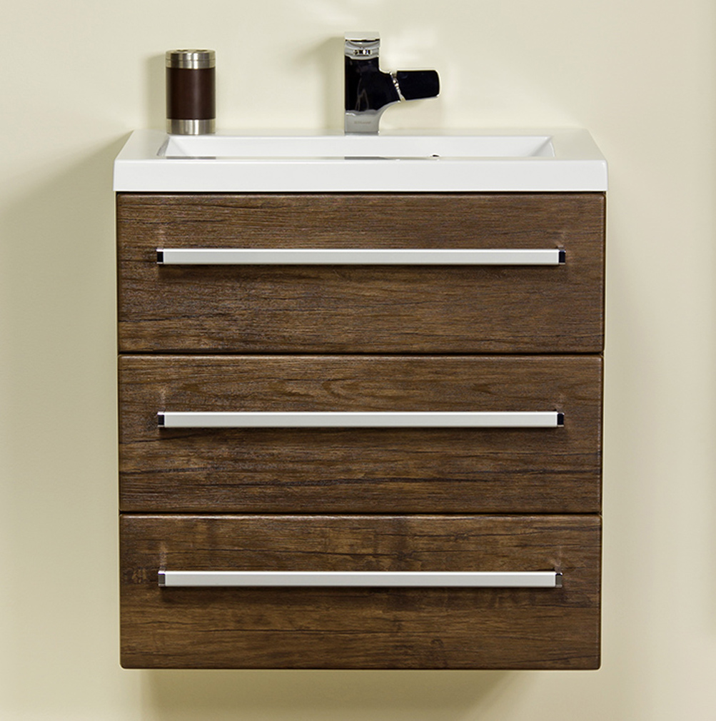 Badmöbel GENUA Breite 60 cm, Holzdekor antik, Waschtisch mit Unterschrank, 3 Schübe, montiert 