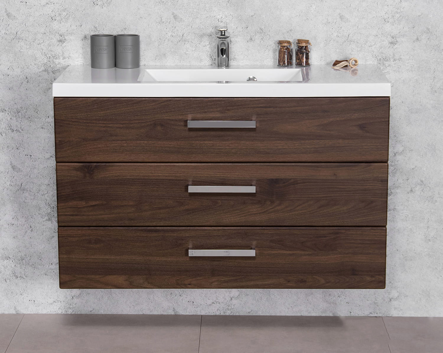  Badmöbel GENUA 100 cm, dunkelnuss, Waschtisch mit Waschtischunterschrank, 3 Schübe, montiert