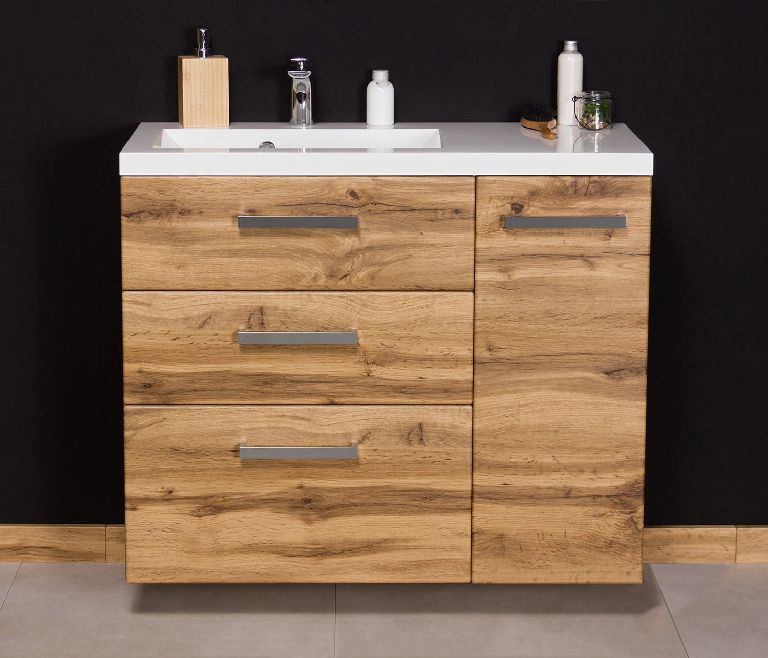 Badmöbel GENUA Breite 90 cm, Eiche Natur, Waschtisch mit Unterschrank, 3 Schübe, montiert