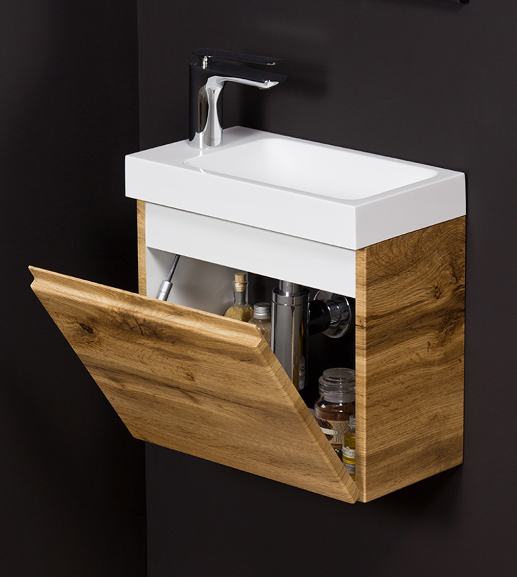 Badmöbel Gäste-WC FAROS Breite 40 cm, Eiche Natur, Waschbeckenunterschrank montiert 