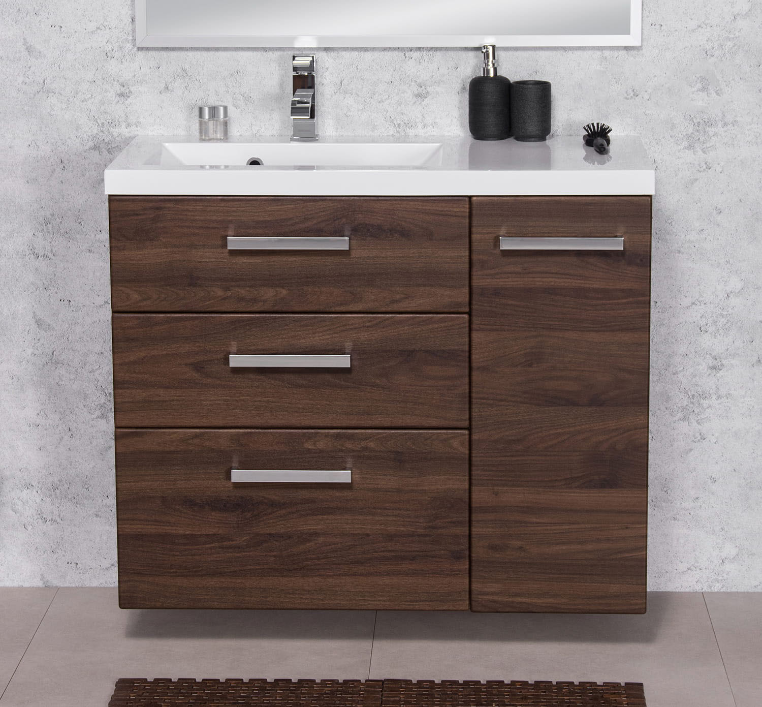 Badmöbel GENUA Breite 90 cm, dunkelnuss, Waschtisch mit Unterschrank, 3 Schübe, montiert