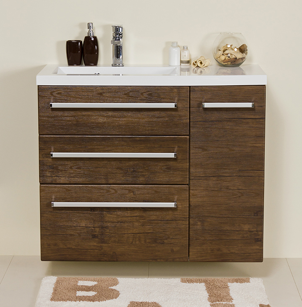 Badmöbel GENUA Breite 90 cm, Holzdekor antik, Waschtisch mit Unterschrank, montiert