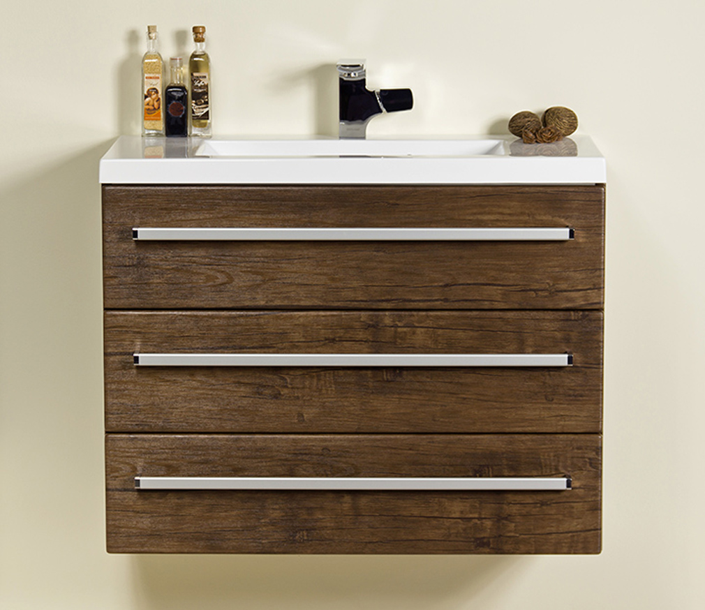 Badmöbel GENUA Breite 80 cm, Holzdekor antik, Waschtisch mit Unterschrank, 3 Schübe, montiert