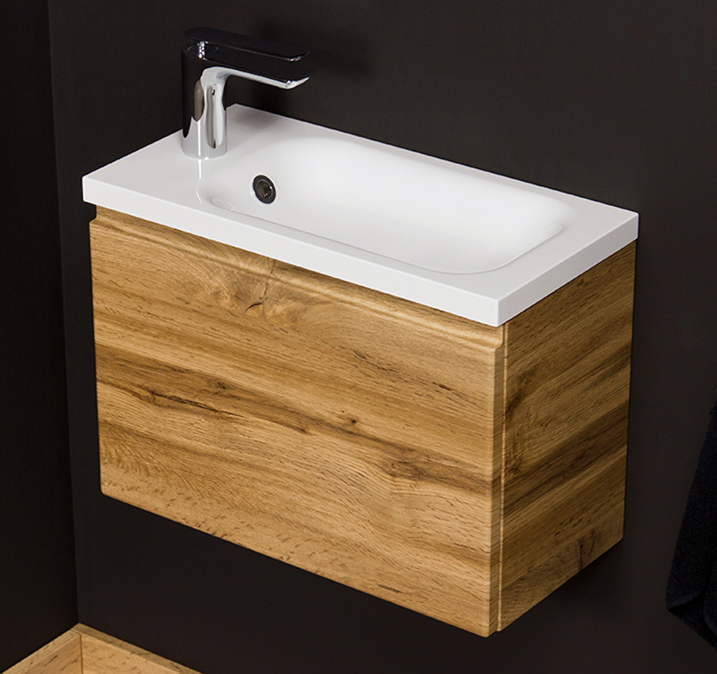 Badmöbel Gäste-WC FAROS Breite 50 cm, Eiche Natur, Waschbeckenunterschrank montiert 