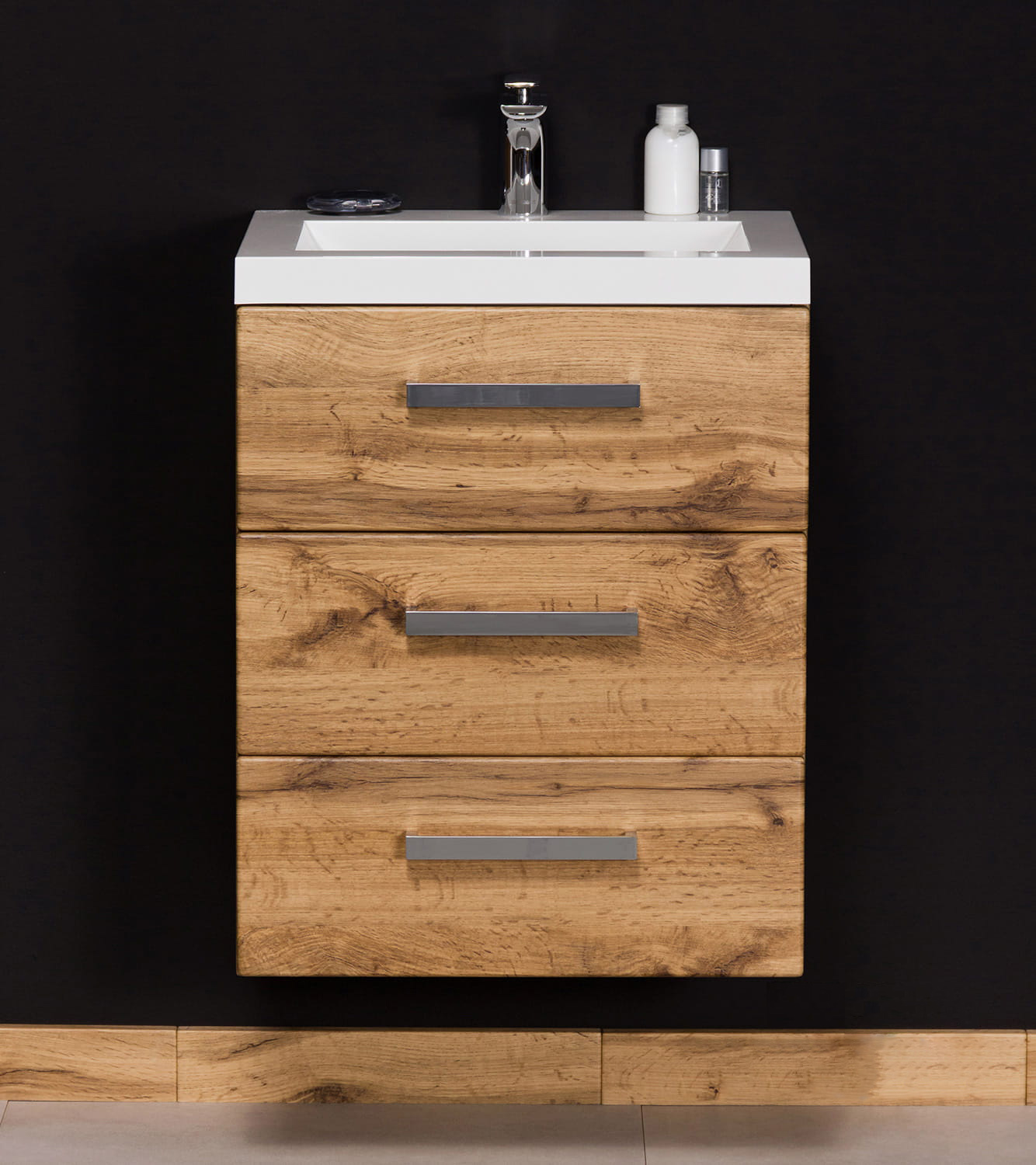 Badmöbel GENUA Breite 50 cm, Eiche Natur, Waschtisch mit Unterschrank, 3 Schübe, montiert