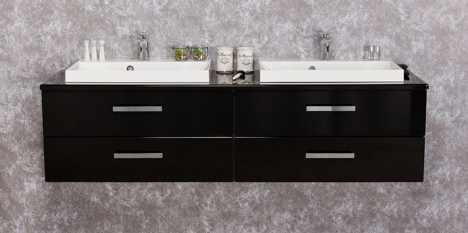 Badmöbelset SUSAN 160 cm, schwarz, Doppelwaschtisch mit Unterschrank (montiert)