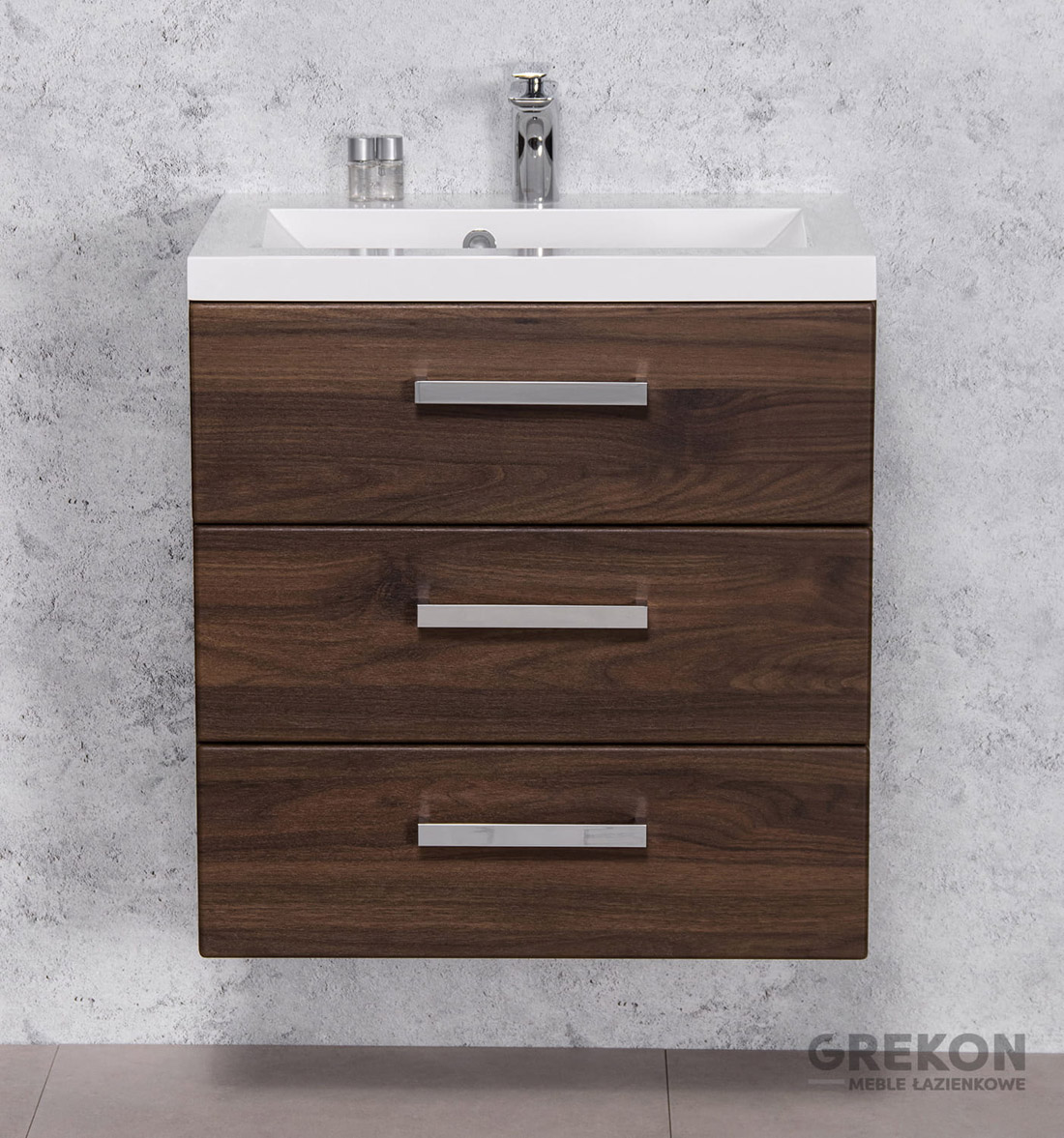Badmöbel GENUA Breite 60 cm, dunkelnuss, Waschtisch mit Unterschrank, 3 Schübe, montiert 