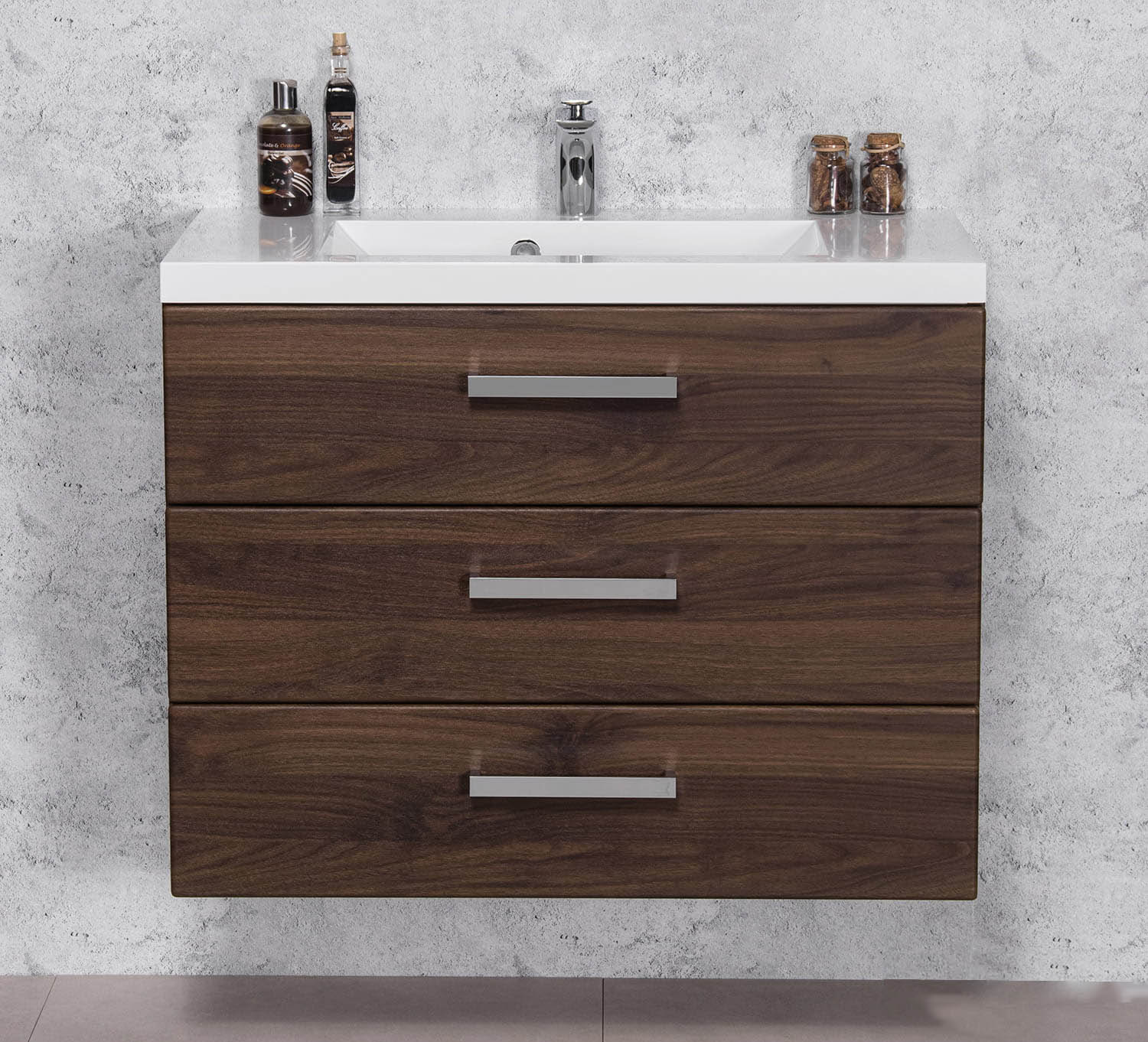 Badmöbel GENUA Breite 80 cm, nuss, Waschtisch mit Unterschrank, 3 Schübe, montiert