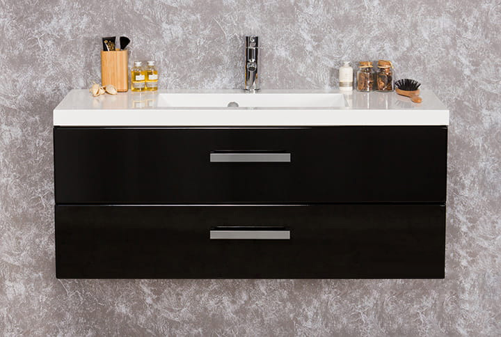 Badmöbel GENUA 100 cm, schwarz glänzend, Waschtisch mit Waschtischunterschrank, 2 Schübe, montiert