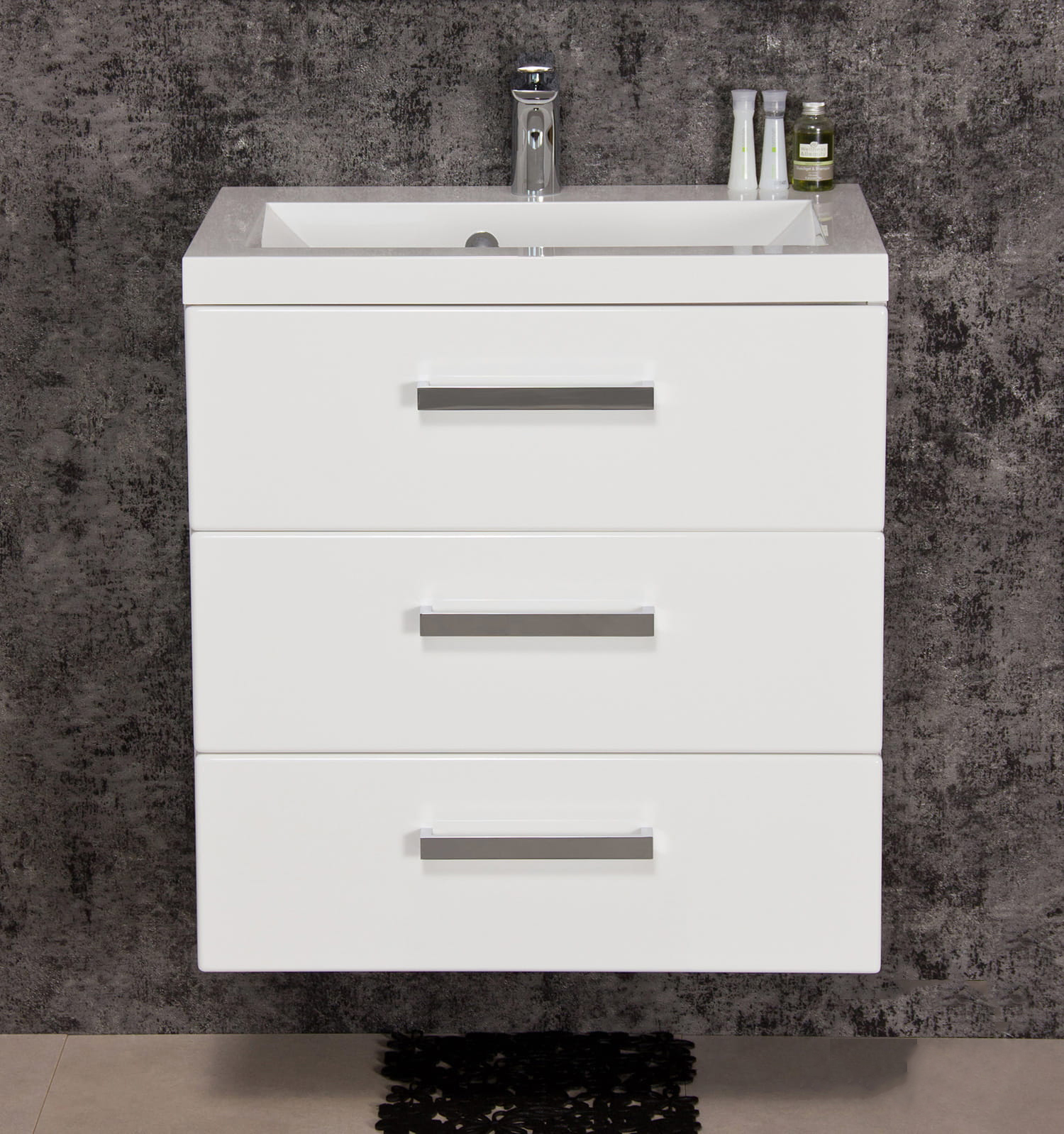 Badmöbel GENUA Breite 60 cm, weiß glänzend, Waschtisch mit Unterschrank, 3 Schübe, montiert 