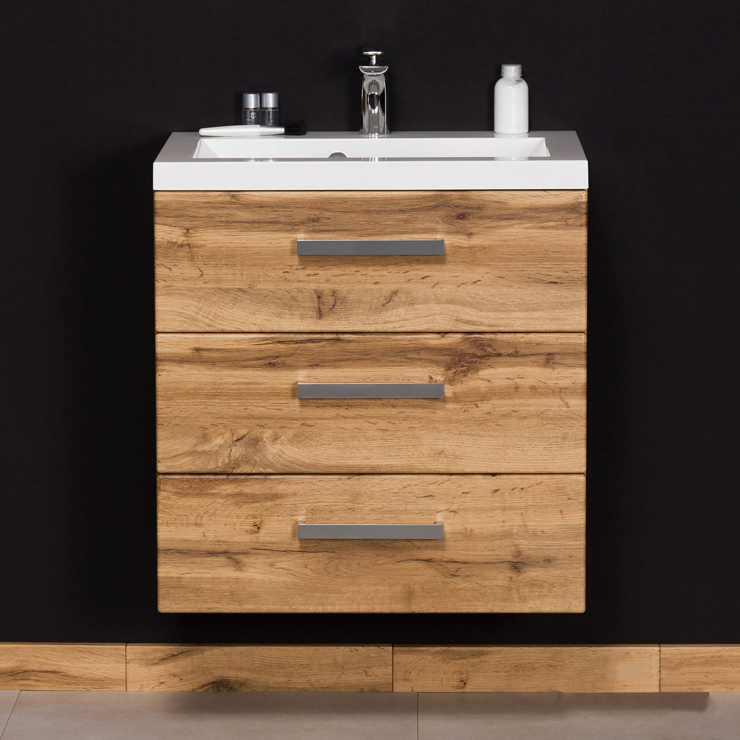 Badmöbel GENUA Breite 60 cm, Eiche Natur, Waschtisch mit Unterschrank, 3 Schübe, montiert 
