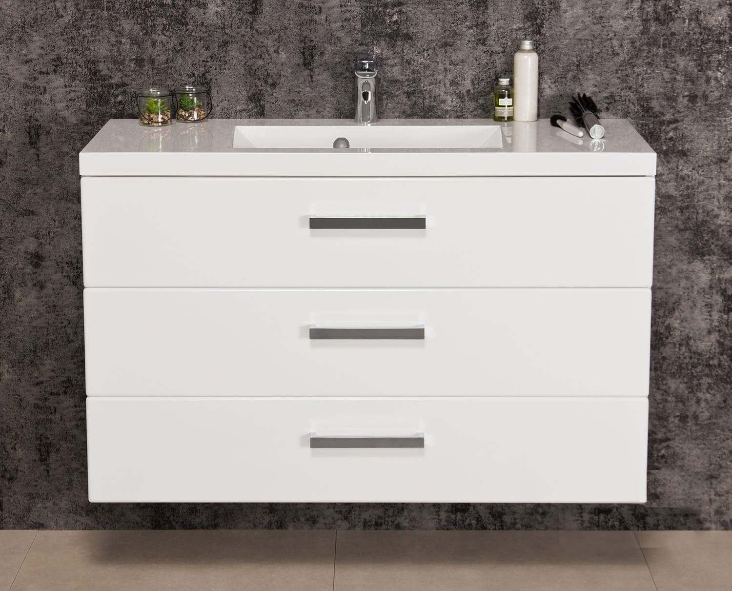  Badmöbel GENUA 100 cm, weiß glänzend, Waschtisch mit Waschtischunterschrank, 3 Schübe, montiert