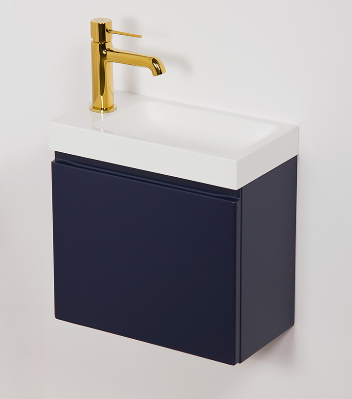 Badmöbel Gäste WC FAROS Breite 40 cm, Marineblau matt, Waschbeckenunterschrank montiert 